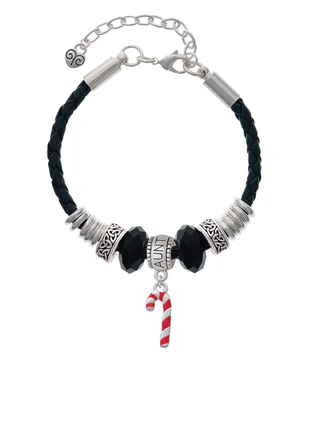 Delight Jewelry Silvertone 3-D Red Enamel Candy Cane Aunt Celtic Knot Leather Bead Bracelet, 7"+2" Extender