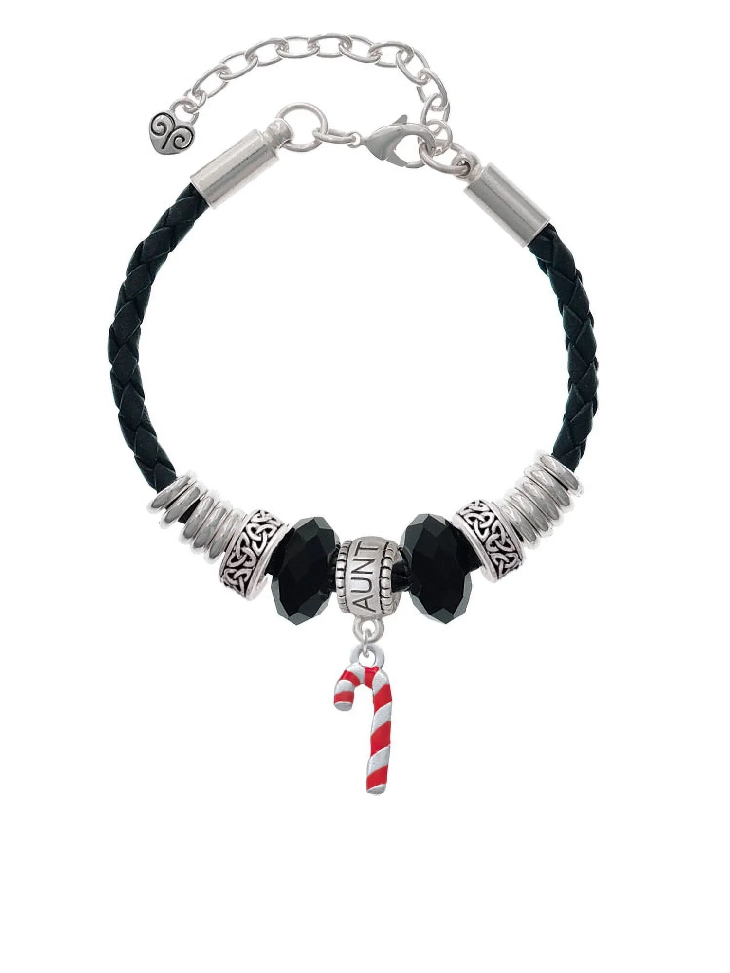 Delight Jewelry Silvertone 3-D Red Enamel Candy Cane Aunt Celtic Knot Leather Bead Bracelet, 7"+2" Extender