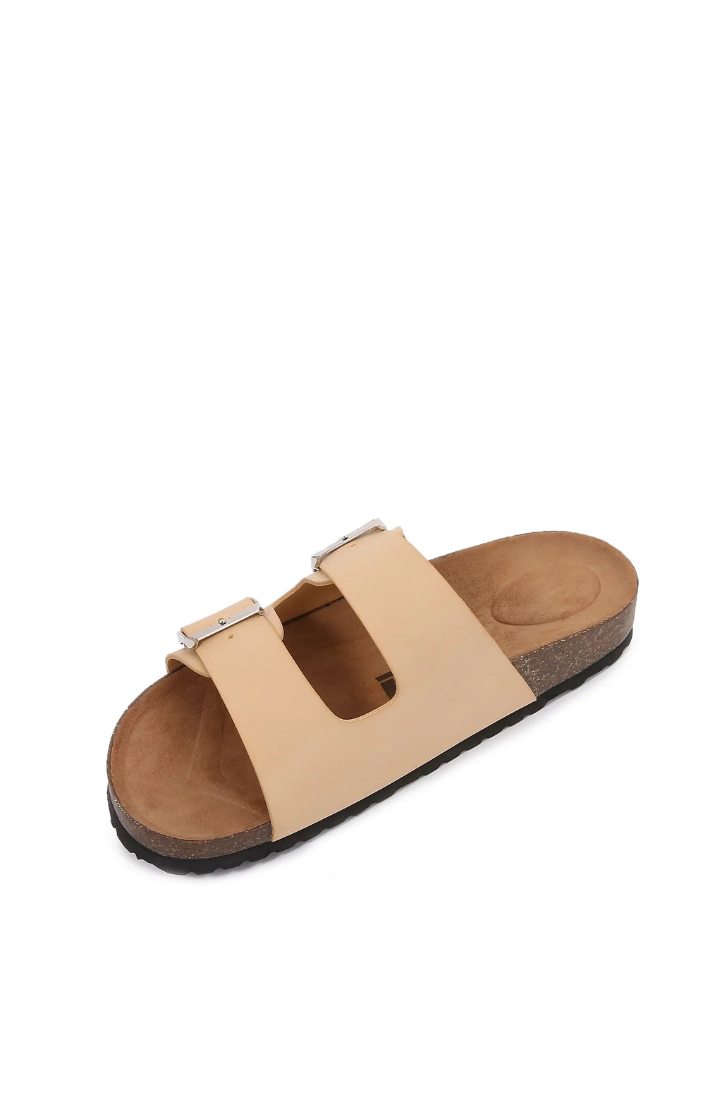 Women Soft Cork Cushioned Footbed  Leather Double Strap Slider Sandal ( Apricot/ 6)