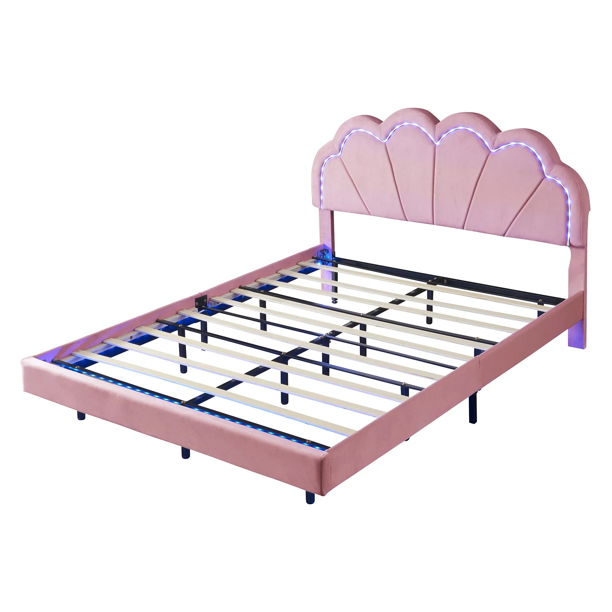 CoSoTower Queen Upholstered Smart  Bed Frame with Elegant Flowers Headboard,Floating Velvet Platform  Bed with Wooden Slats Support,Pink