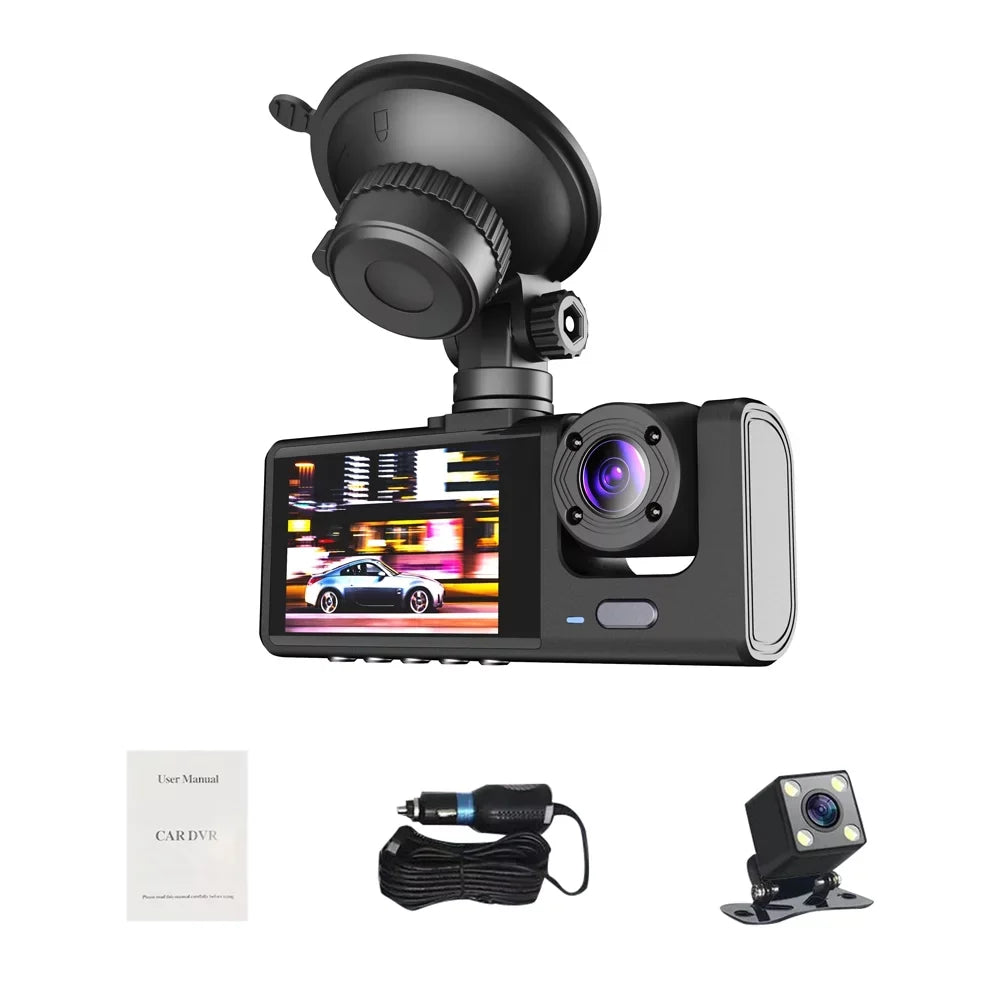 1080P  Dash Camera Front & Inside & Rear Camera Driving Recorder 2 Inch Screen Dashcam Support Night-Vision Loop Recording One-Key Lock