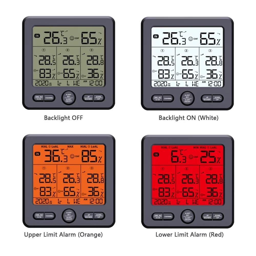 Digital Wireless Indoor  Thermohygrometer with 3 Remote Sensors 98ft/ 30m Backlight & Alarm Calibration Function Humidity  with 3 Transmitters Weather Stations for Home Office
