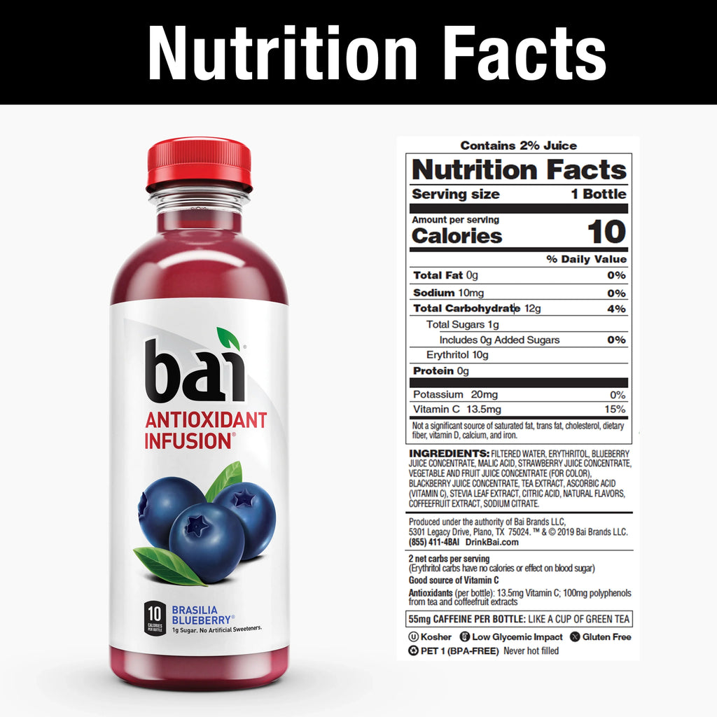Bai Gluten-Free, Brasilia Blueberry, Antioxidant Infused Drink, 18 Fl Oz, 12 Pack Bottles
