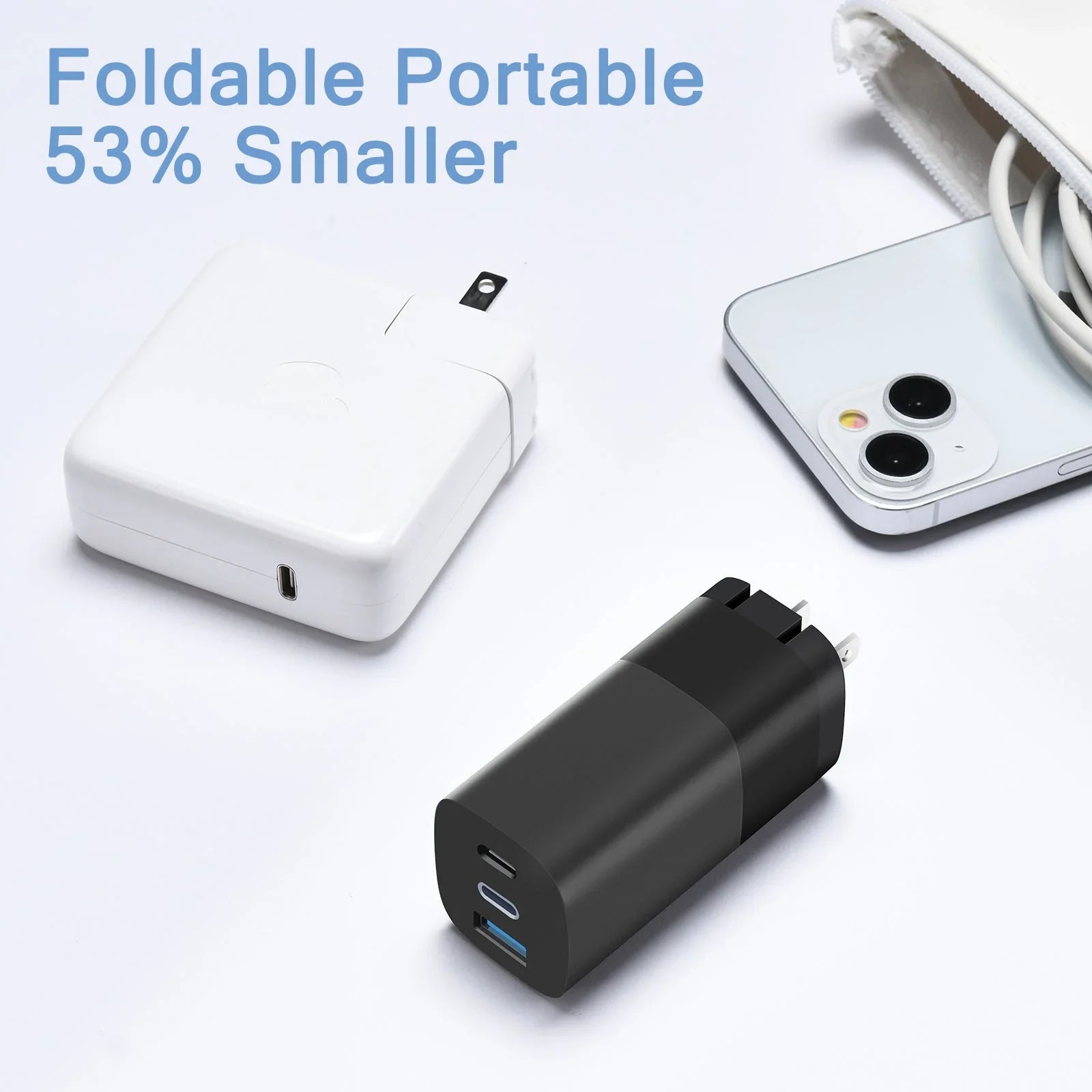'+ 65W  C and  A Charger, (GaN) Tech Power Adapter, 3-Port Wall Charger, Foldable Fast Charger for iPhone, Smartphones, Tablets, Laptops - Black