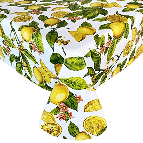 Newbridge Zesty Lemons Vinyl Flannel Backed Tablecloth, Lemon Vine Indoor/Outdoor Waterproof Tablecloth, Picnic, Barbeque, Patio and Kitchen Dining, 60 Inch x 102 Inch Oblong/Rectangle