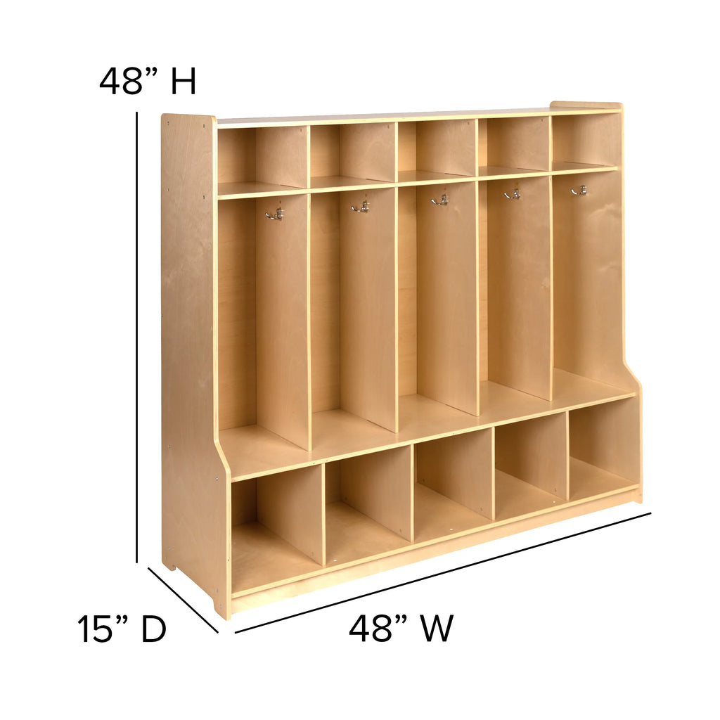 Emma + Oliver Wood 5 Section School Coat Locker with Bench, Cubbies and Storage Organizer Hook