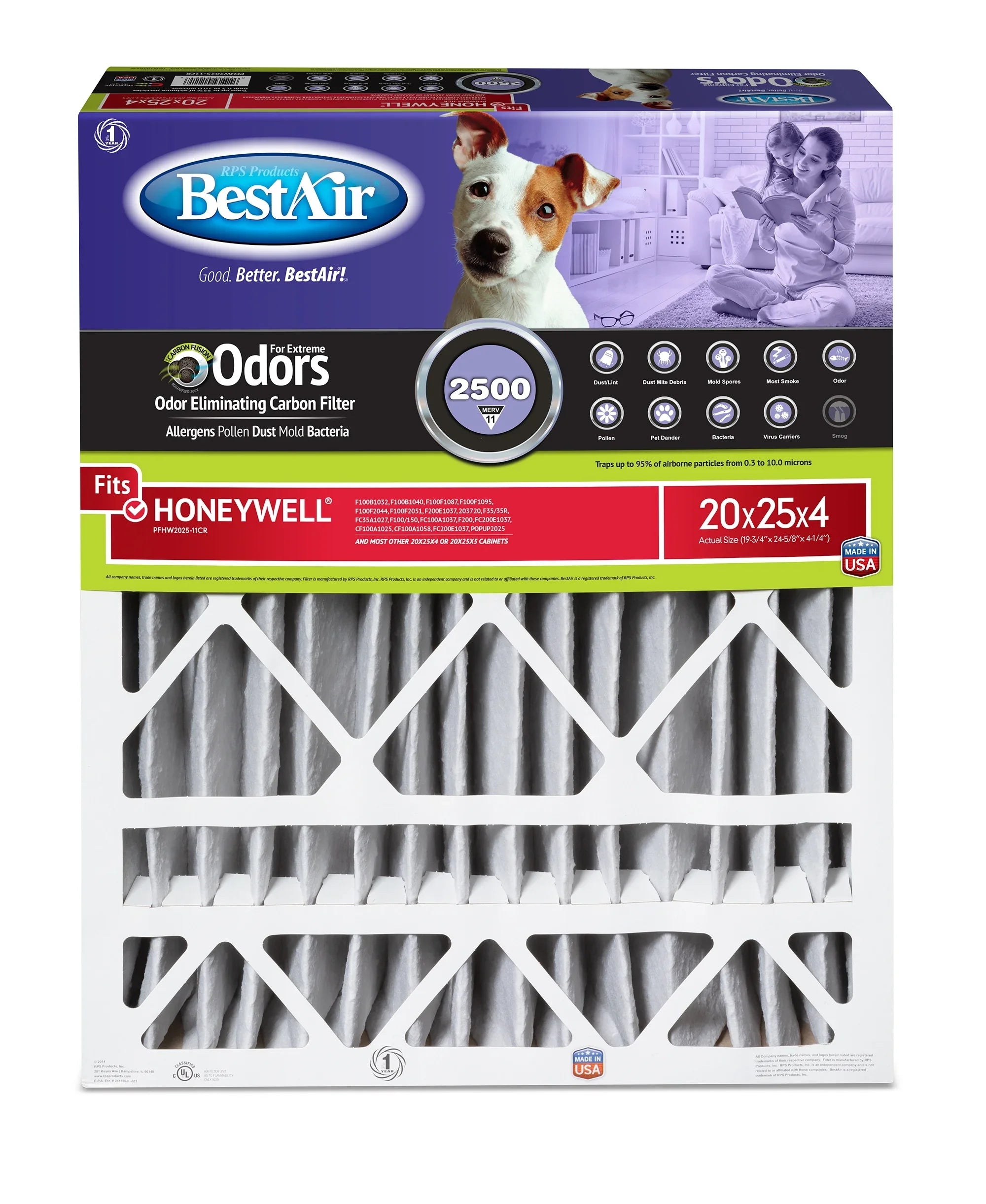 BestAir PFHW2025-11CR Carbon Infused Honeywell 20x25x4 Series 2500  11 Pet Filter