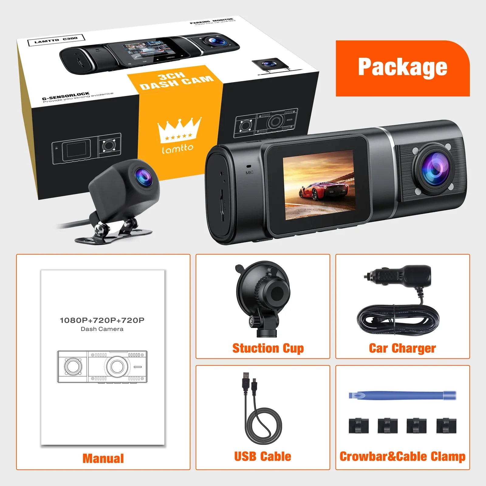 3 Channel Car Camera Dash Cam Front and Rear Inside with  Night Vision 1080P Dash Camera Three Way Triple Parking Monitor Motion Detection Accident Lock
