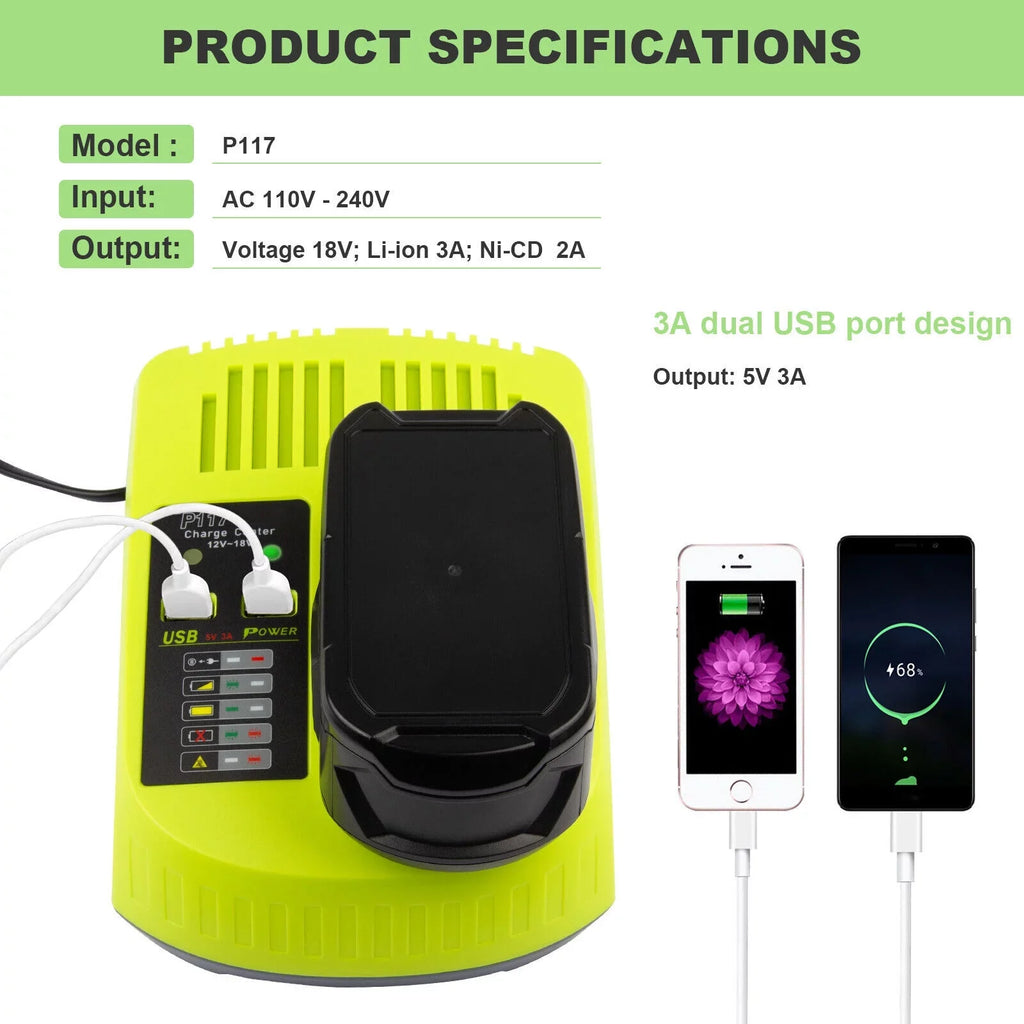 P117 Battery Charger For  18V High Capacity 18Volt Lithium-Ion P108 P106