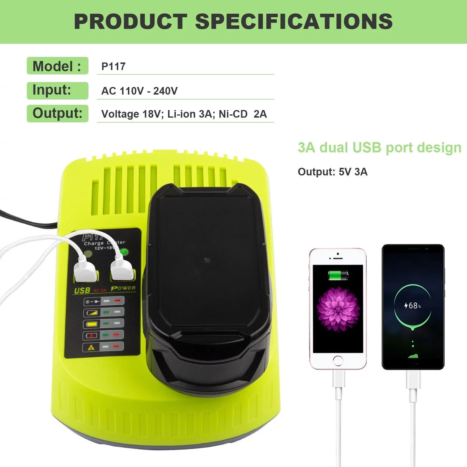 P117 Battery Charger For  18V High Capacity 18Volt Lithium-Ion P108 P106