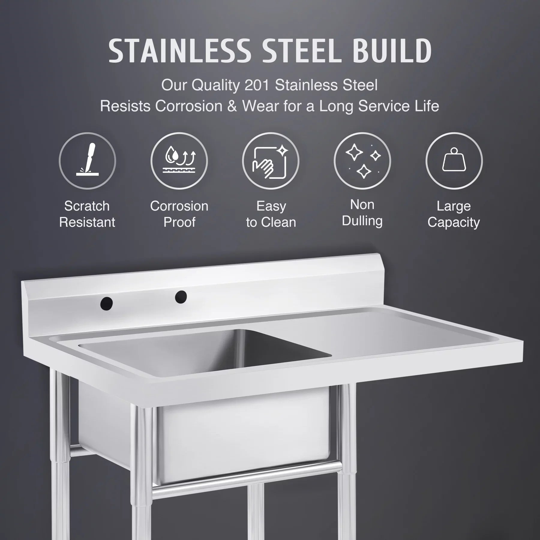 Wilprep Commercial Stainless Steel Utility Sink w Drainboard Strainer Backsplash for Kitchen Bar