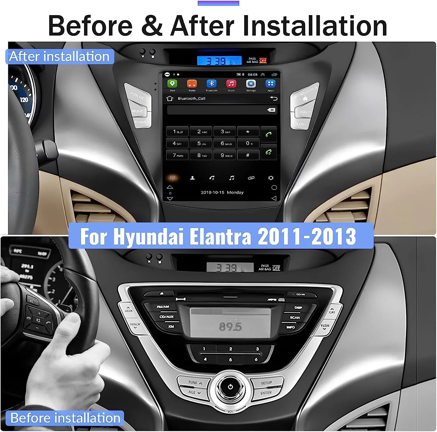Podofo 2G+64G for Hyundai Elantra 2011 2012 2013 Android 9.7'' Touchscreen Car Stereo Radio Bluetooth  Mirror Link   , with Backup Camera