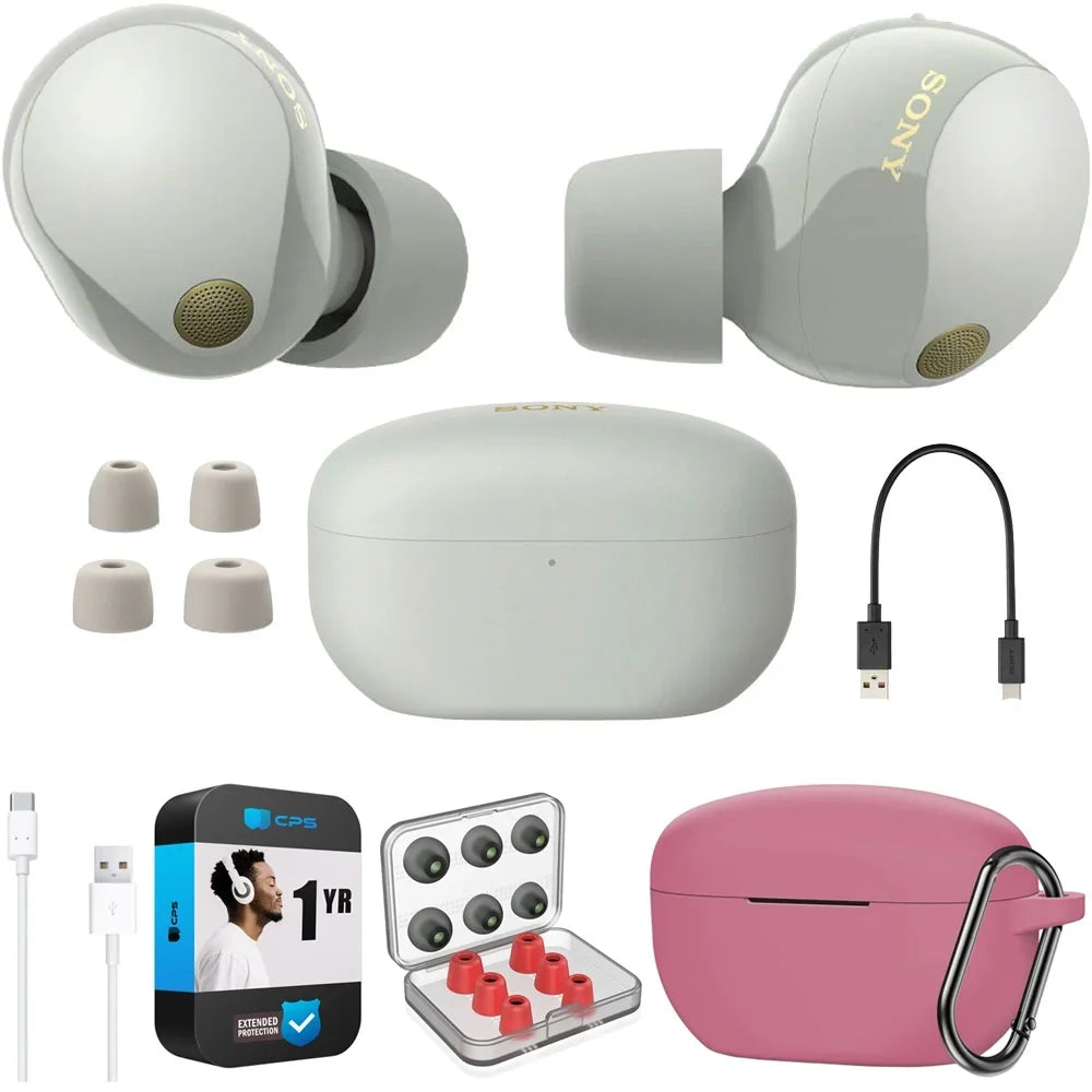 Sony -1000XM5 Industry Leading Noise Canceling Truly Wireless Earbuds (Silver) Bundle with Silicone Case (Pink), Memory Foam Ear Tips, -A to -C Cable & 1   Enhanced Protection Pack