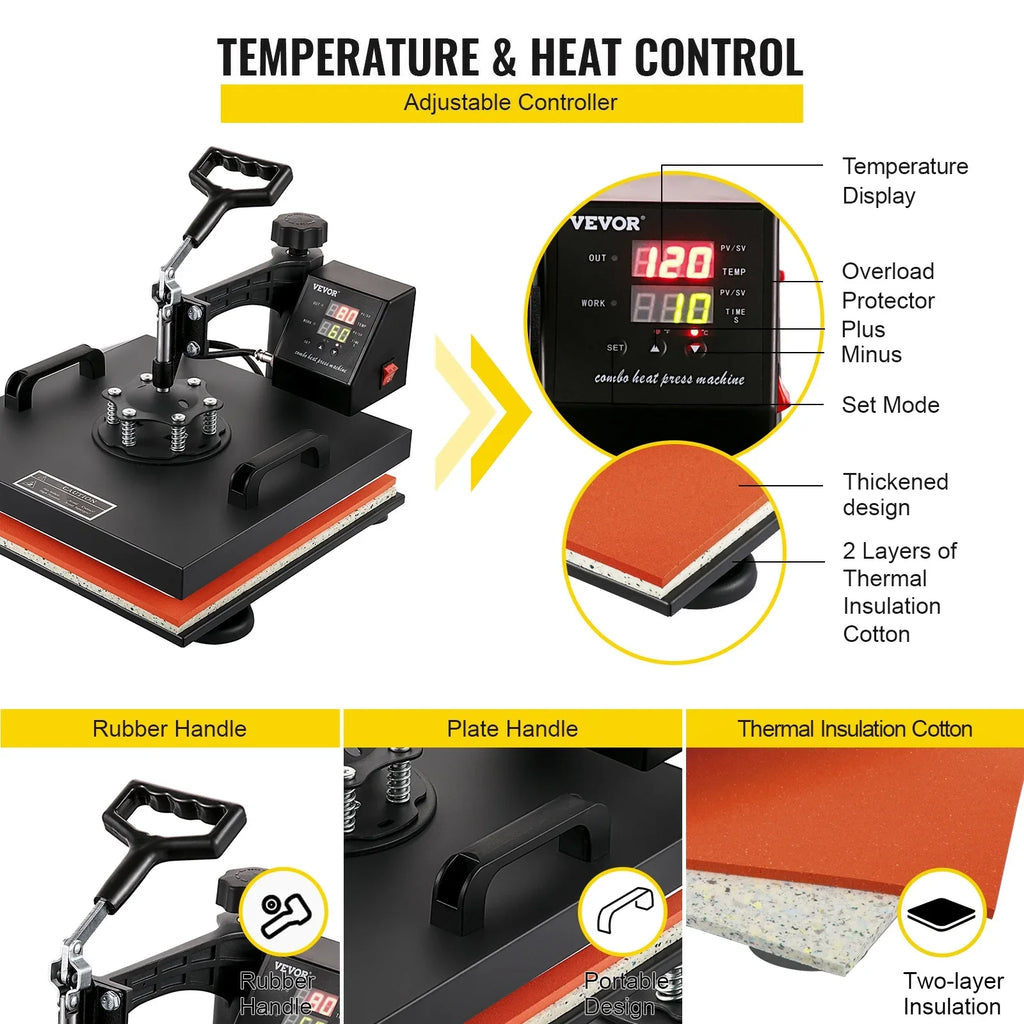 Heat Press Machine 15"x15" 8 in 1 Combo Digital Multifunctional Sublimation Heat Transfer Machine Dual  Display 360 Degree Rotation Swing Away