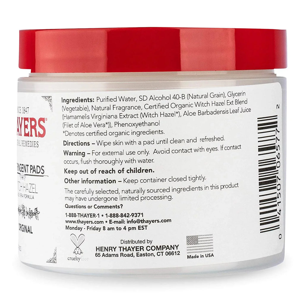 Thayers Witch Hazel Aloe Vera Formula Original 60 Pads Pack of 4
