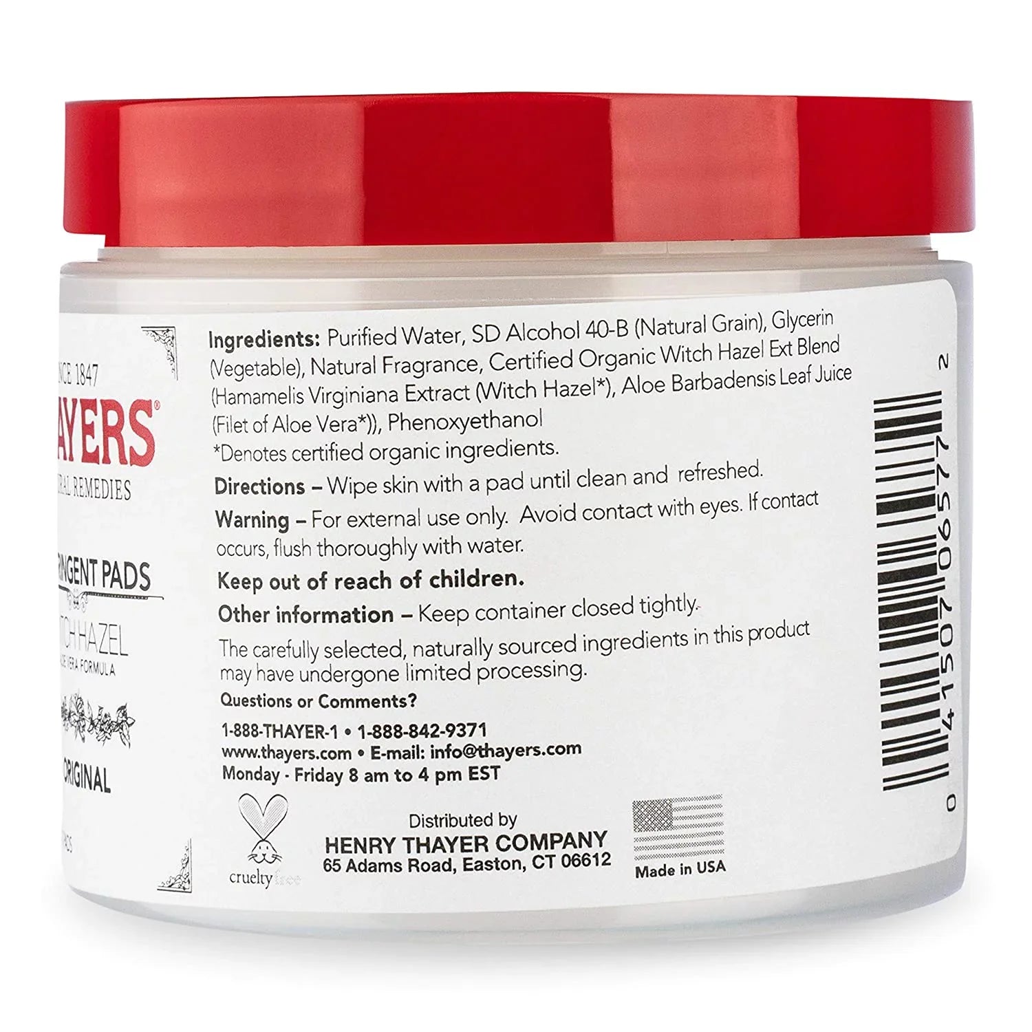 Thayers Witch Hazel Aloe Vera Formula Original 60 Pads Pack of 4