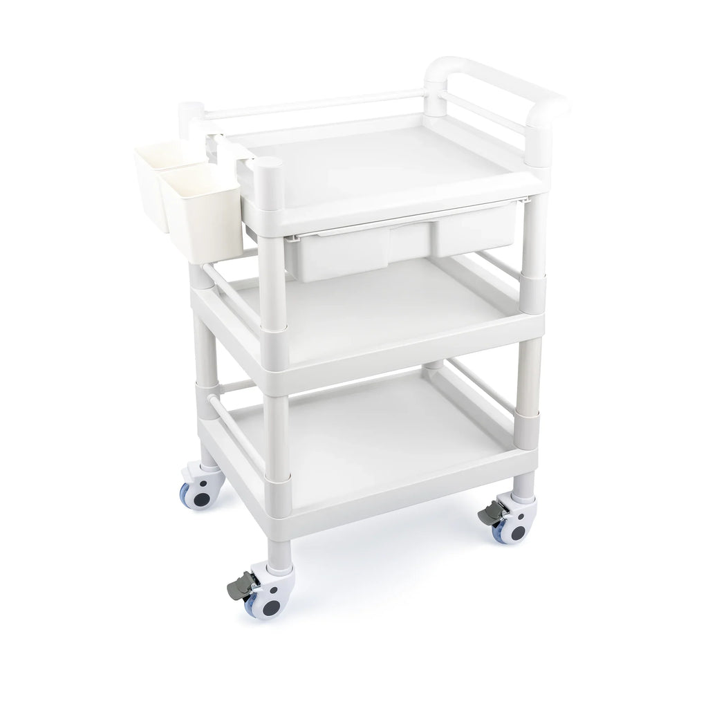 Medical Mobile Trolley Cart 3 Tier 500 Lbs Spacious Beauty Salon Rolling Trolley with Dirt Buckets Drawers 360°Rotate Wheels Heavy Duty Medical Utility Cart for Hospital Dental Clinic