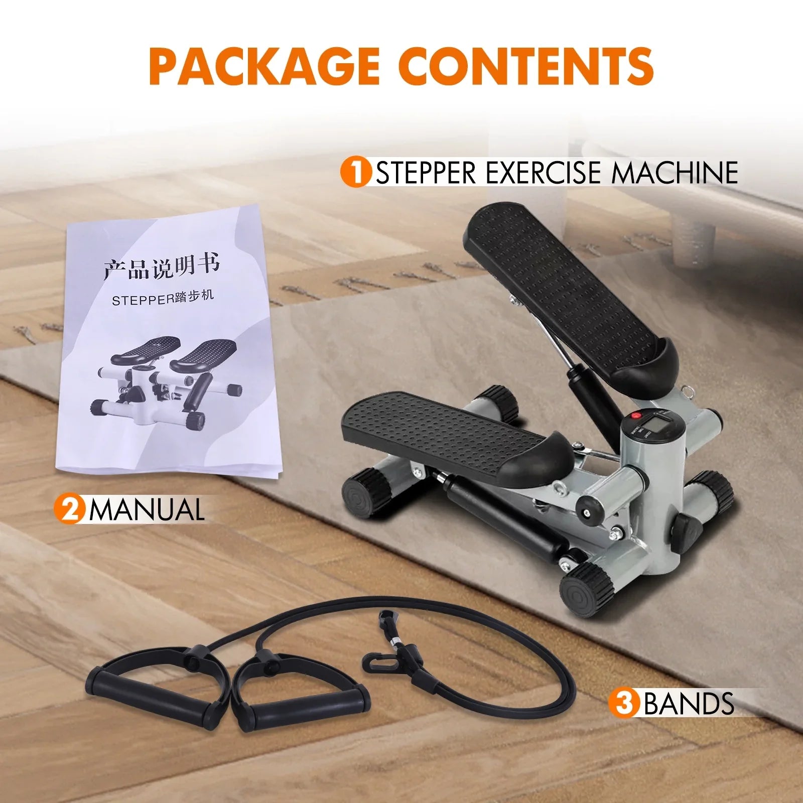 Stepper for Exercise, Stair Stepper Cardio Equipment with Resistance Bands, Mini Stepper Adjustable Stride Height Gray