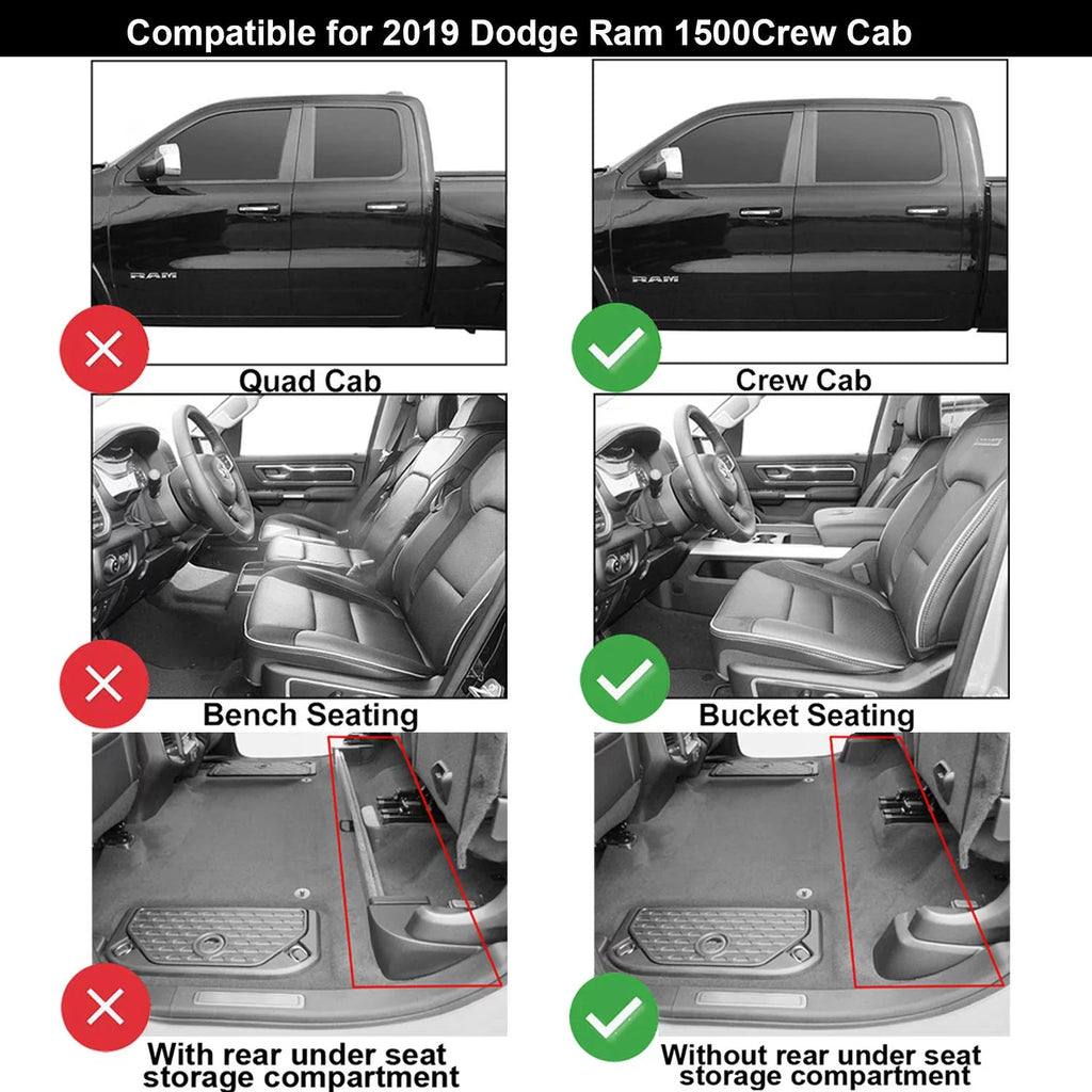 3W Floor Mats for Dodge Ram 2019 2020 ( for Storage Under Rear Seat) - Full Set All Weather Ram 1500 Crew Cab Carpet with Non-Toxic  1st & 2nd Row for Bucket Seating, Black