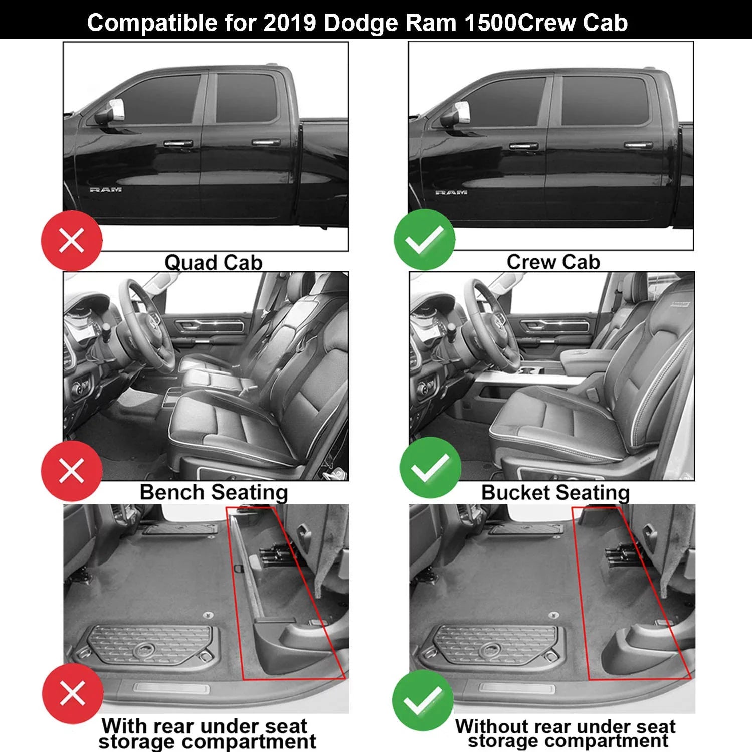 3W Floor Mats for Dodge Ram 2019 2020 ( for Storage Under Rear Seat) - Full Set All Weather Ram 1500 Crew Cab Carpet with Non-Toxic  1st & 2nd Row for Bucket Seating, Black