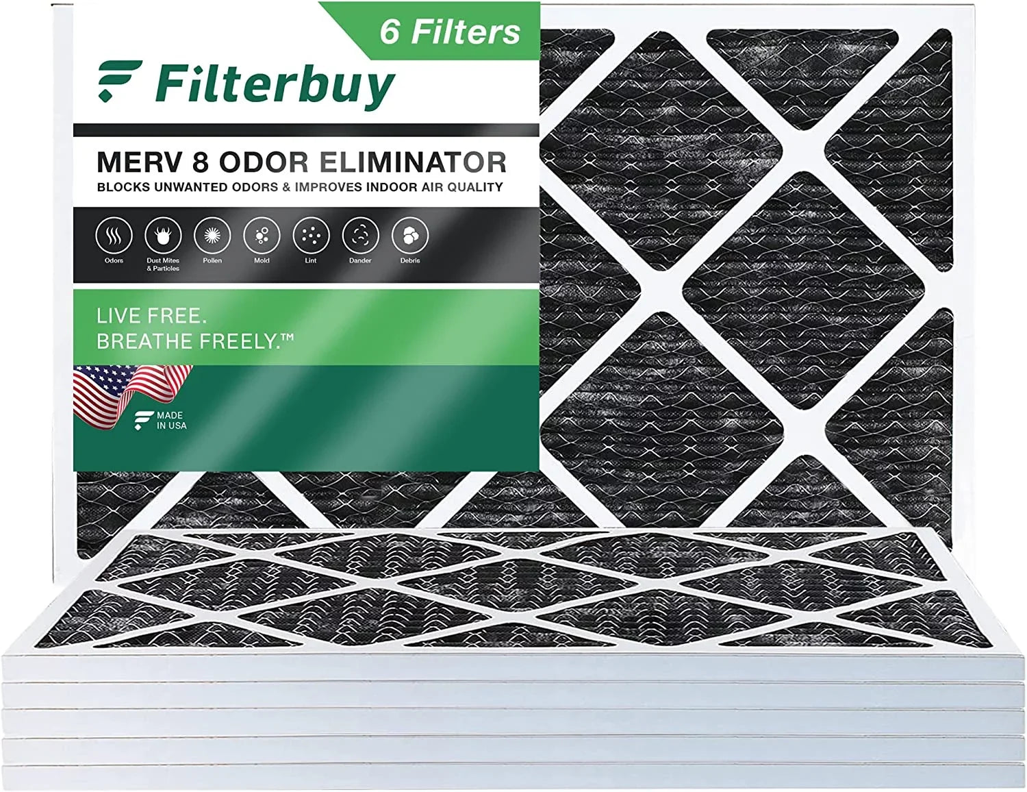 Filterbuy 17x25x1  8 Odor Eliminator Pleated   Furnace Air Filters with Activated Carbon (6-Pack)