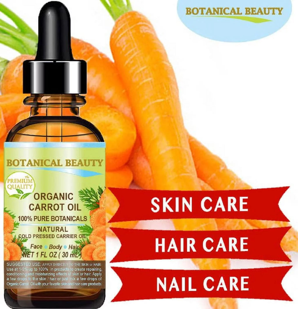 Botanical Beauty Organic Carrot Oil 100% Natural/Pure Botanicals/Cold Pressed Carrier Oil 1 Fl. Oz. -30 Ml. For Face, Body, Hair And Nail Care