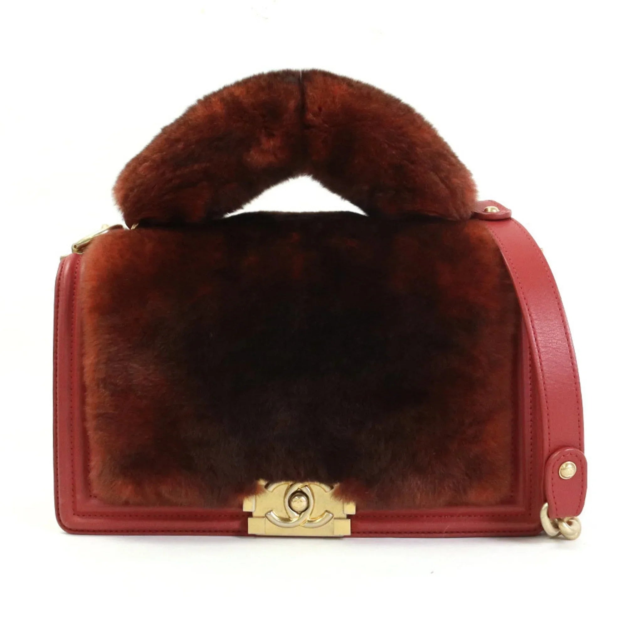 Pre-Owned Chanel  handbag diagonal shoulder bag boy fur/leather brown red gold ladies e55871a (Good)
