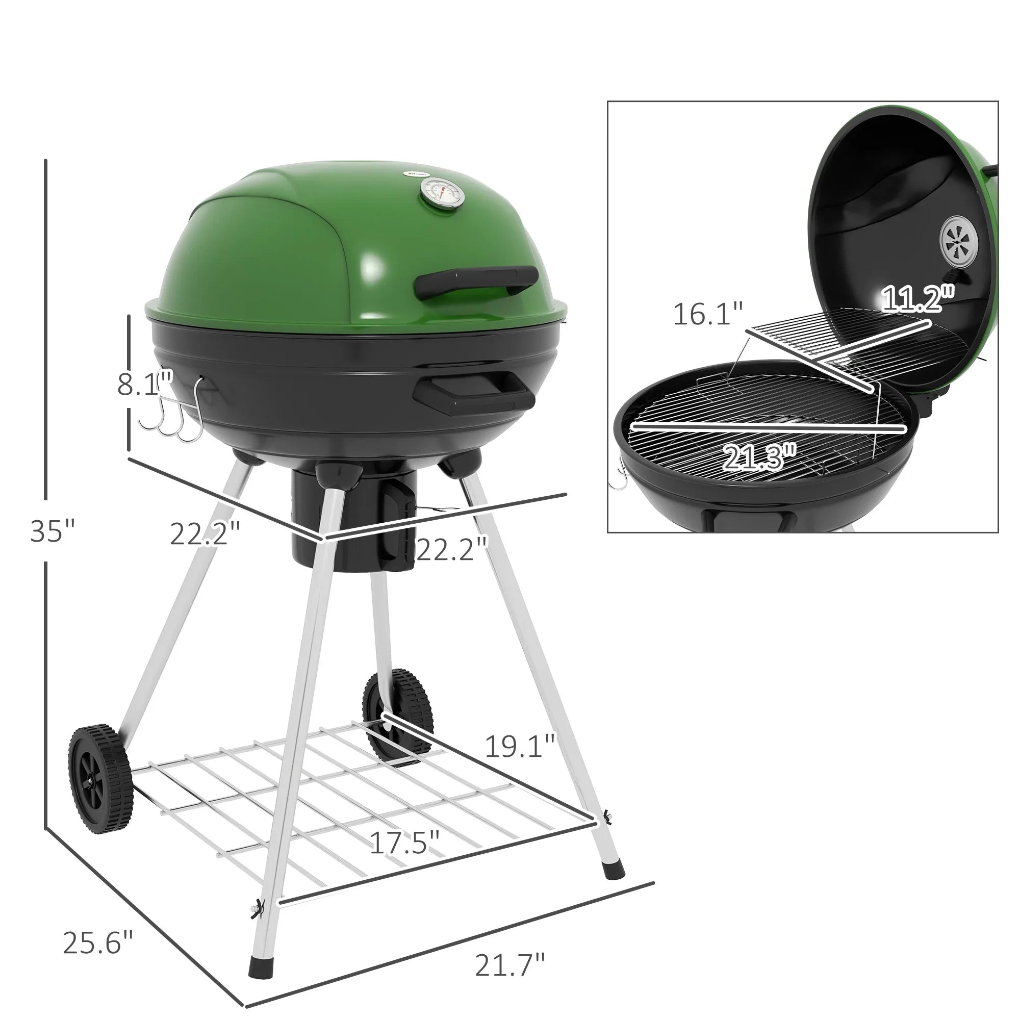 CoSoTower 21" Kettle Charcoal  Grill Trolley with 360 Sq.In. Cooking Area, Outdoor Barbecue with Shelf, Wheels, Ash Catcher and Built-In Thermometer for Patio, Backyard Party, Green