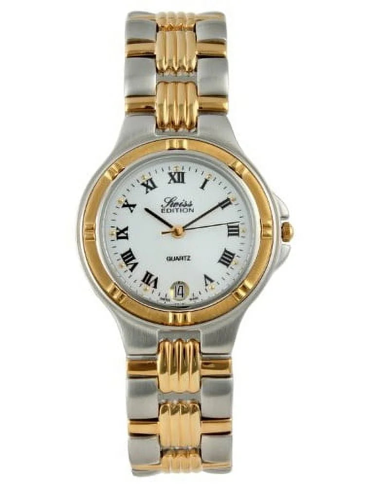 Swiss Edition Men's Two Tone Silver & 23K Gold Plated Luxury Roman Numeral White Dial Gold Bezel Dress Watch SE3606-M