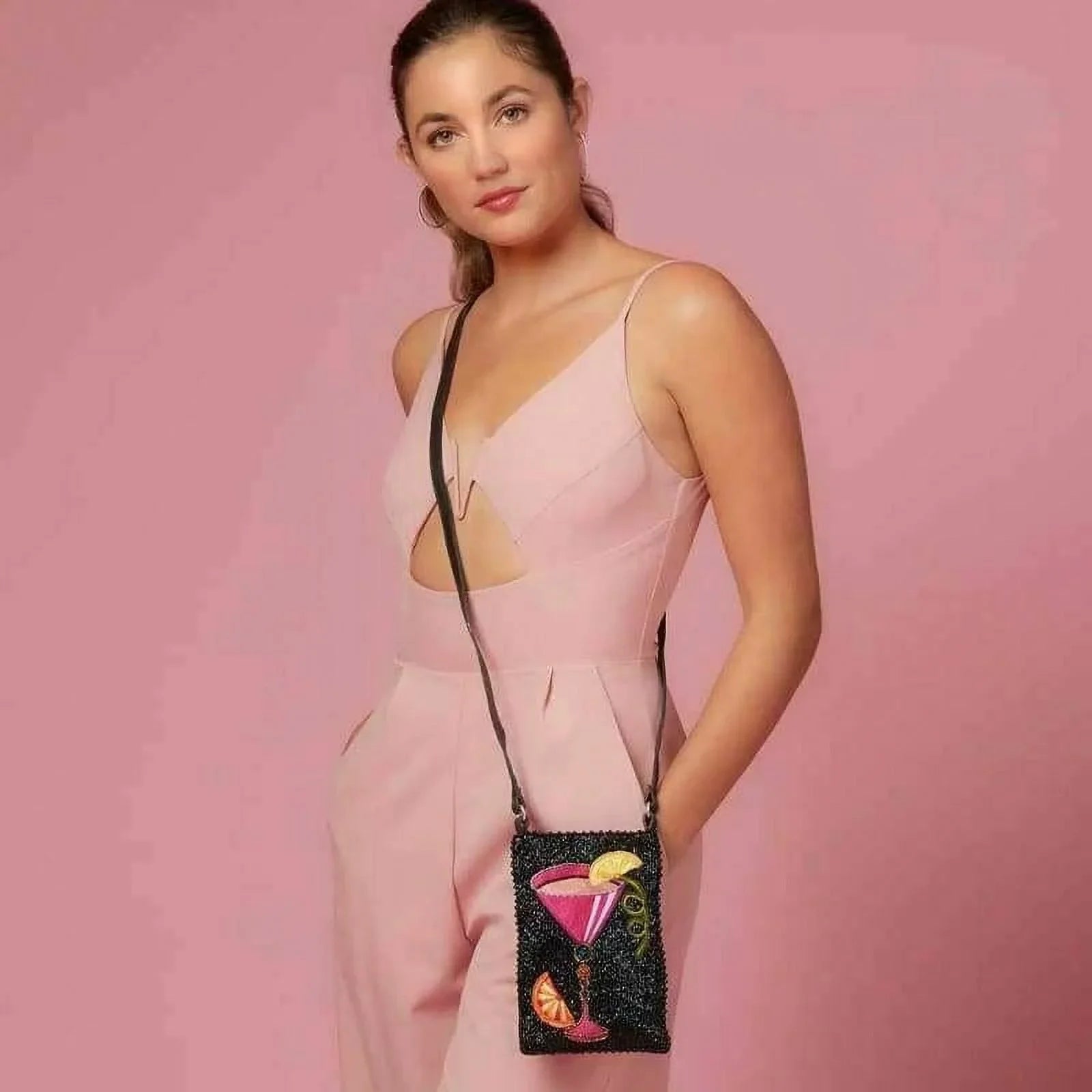 Mary Frances Take a Sip Leather Crossbody Phone Bag Cocktail Beaded Shoulder Bag