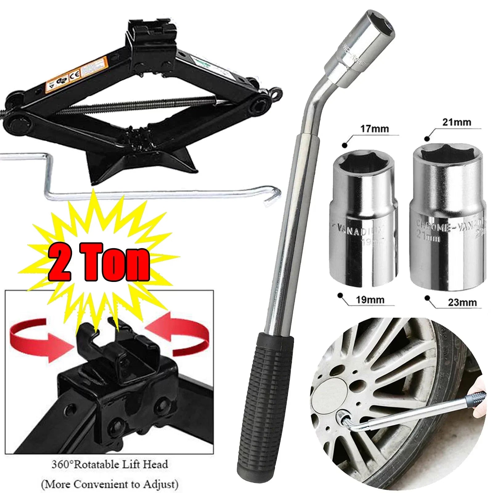 Dayplus Heavy Duty 2 Ton Scissor Jack + Extendable Wheel Wrench Car Van Repair Tool Kit