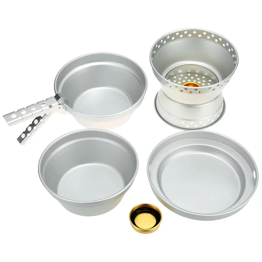 Htovila Portable Camping Cookware Mess Kit Stove Spirit with Stand Pot Pan with Gripper Cooking Set for Backpacking Hiking Picnic