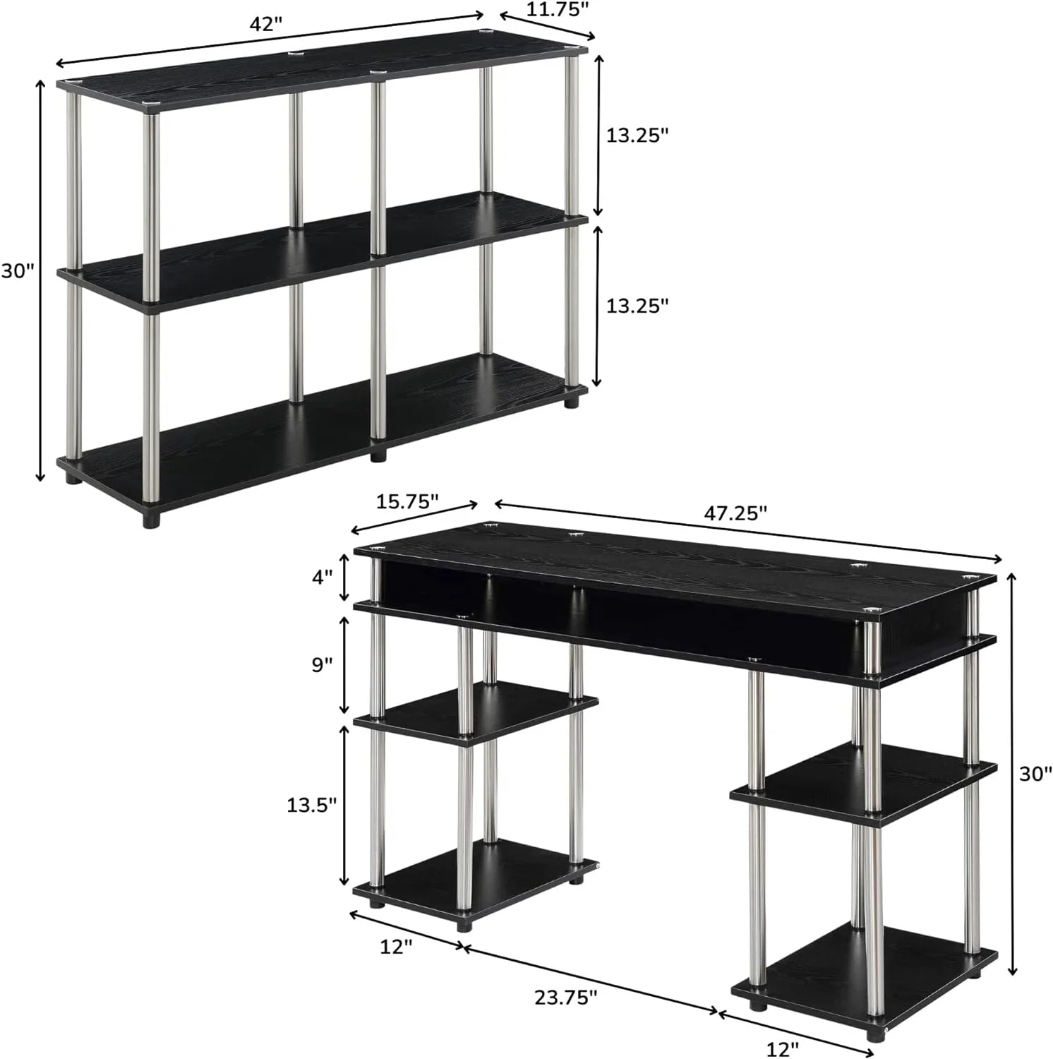 Designs2Go No Tools Office Contemporary Home Study, Modern Organization, 2-Piece Set (Desk, Console Table), Black
