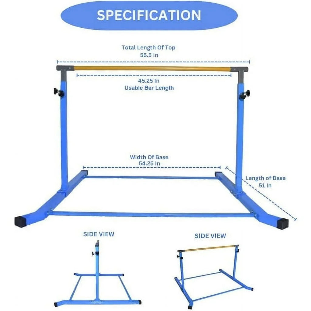 Adjustable Kids Gymnastics Kip Bar, 3-5  Height, Robust Legs, Blue - Junior Home Training Equipment