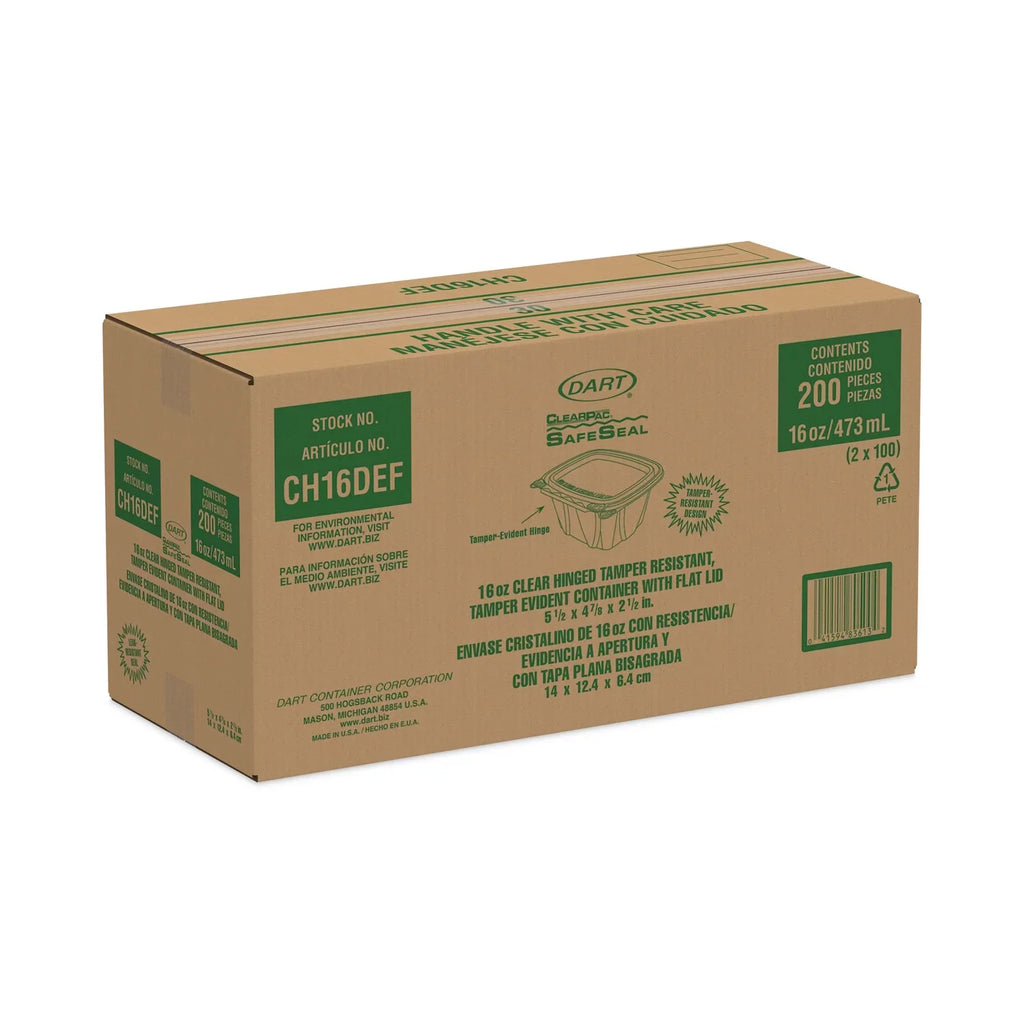 Dart ClearPac SafeSeal Tamper-Resistant/Evident Containers, Flat Lid, 16 oz, 4.9 x 2.5 x 5.5, Clear, Plastic, 100/Bag, 2 Bags/