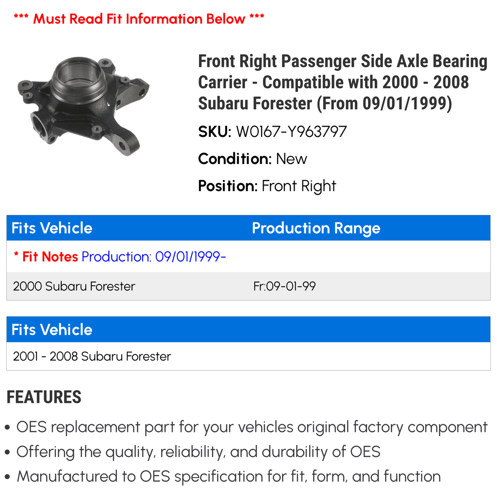 Front Right Passenger Side Axle Bearing Carrier - Compatible with 2000 - 2008 Subaru Forester (From 09/01/1999) 2001 2002 2003 2004 2005 2006 2007