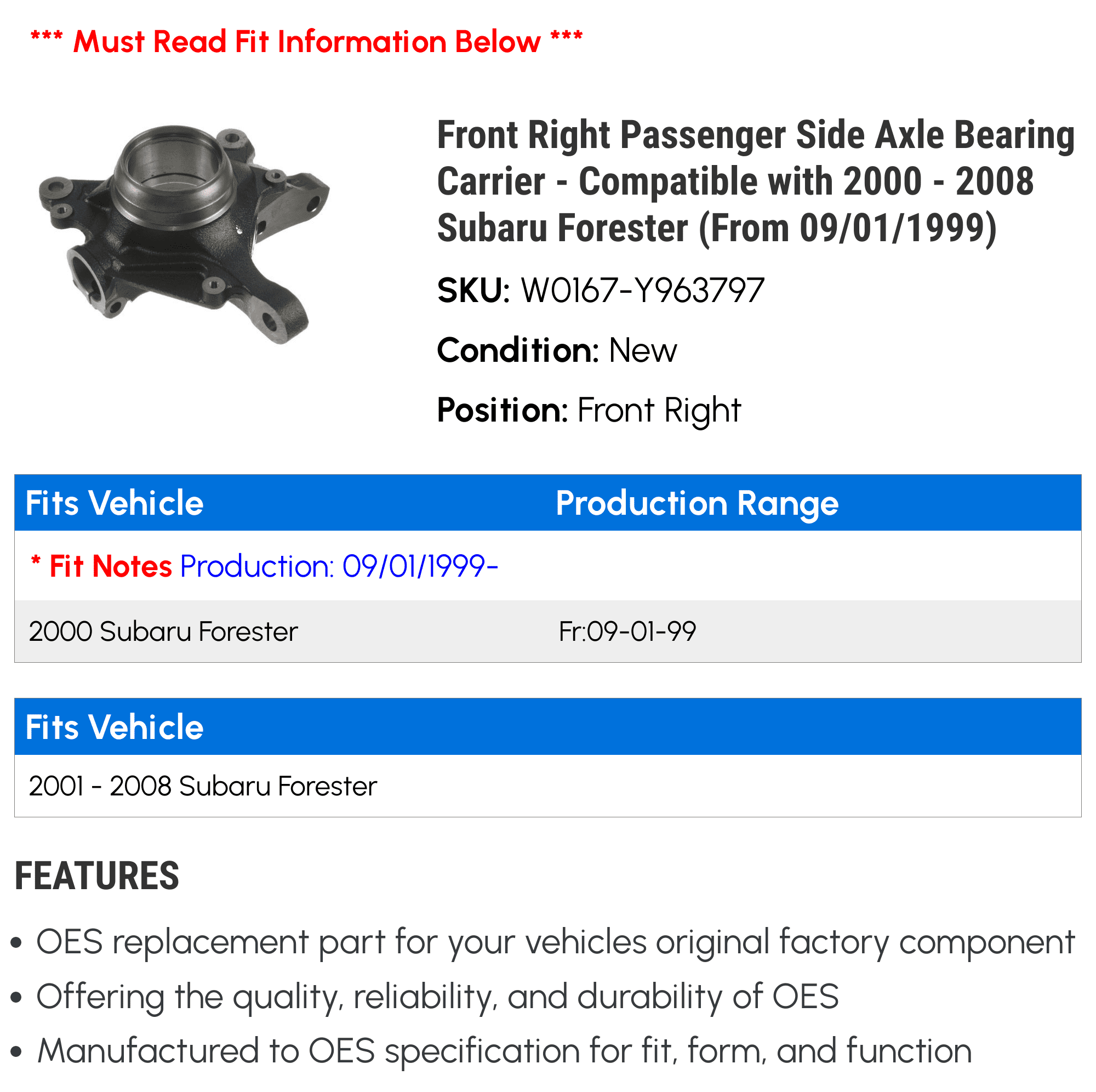 Front Right Passenger Side Axle Bearing Carrier - Compatible with 2000 - 2008 Subaru Forester (From 09/01/1999) 2001 2002 2003 2004 2005 2006 2007