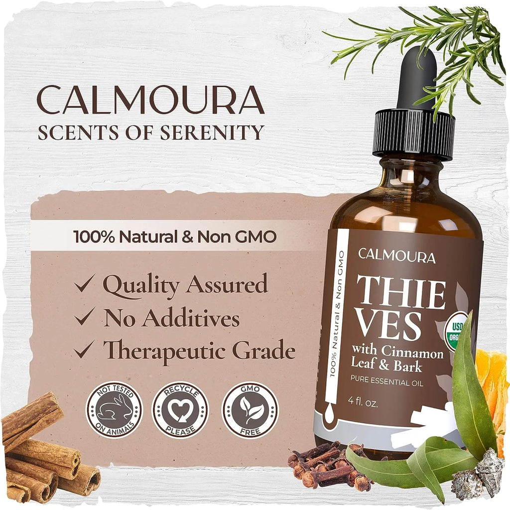Organic Thieves Oil Essential Oil (4 oz | 118 ml) —  Certified Therapeutic Grade For Essential Oil Diffuser — Oil Blend of Clove, Cinnamon, Rosemary Essential Oil, Lemon and Eucalyptus