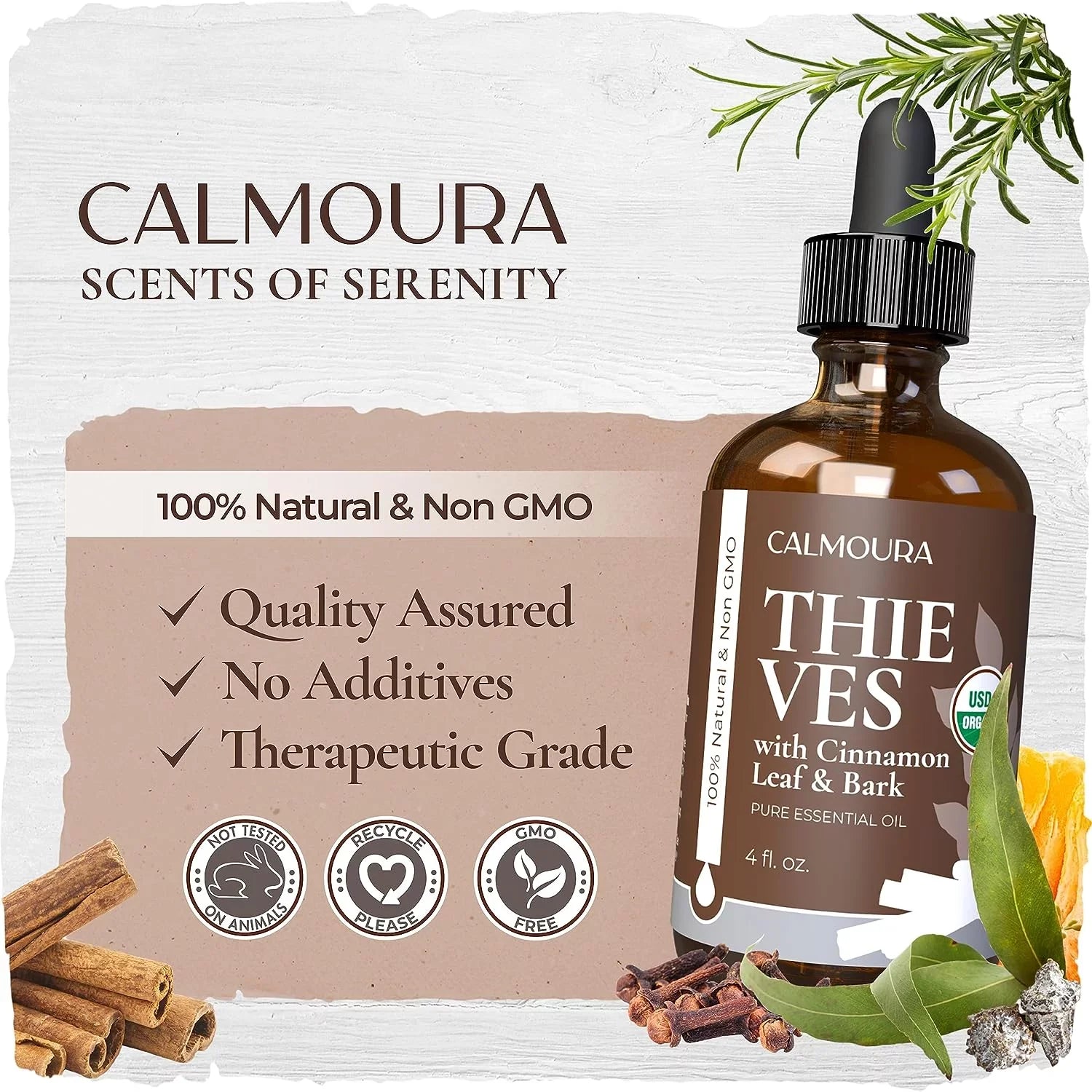 Organic Thieves Oil Essential Oil (4 oz | 118 ml) —  Certified Therapeutic Grade For Essential Oil Diffuser — Oil Blend of Clove, Cinnamon, Rosemary Essential Oil, Lemon and Eucalyptus