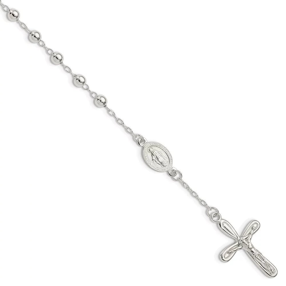 Auriga Fine Jewelry 925 Sterling Silver Beaded Single Decade Rosary Bracelet 7.5inch for Women