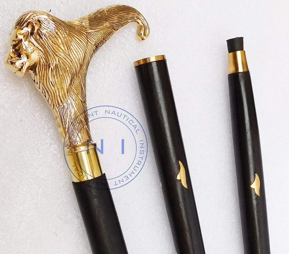 Victorian Premium Walking Cane Beautiful Plated Solid Brass Handle Walking Stick With Inlayed & Crutches Buffed Polished Canes for Men and Women (Lion)