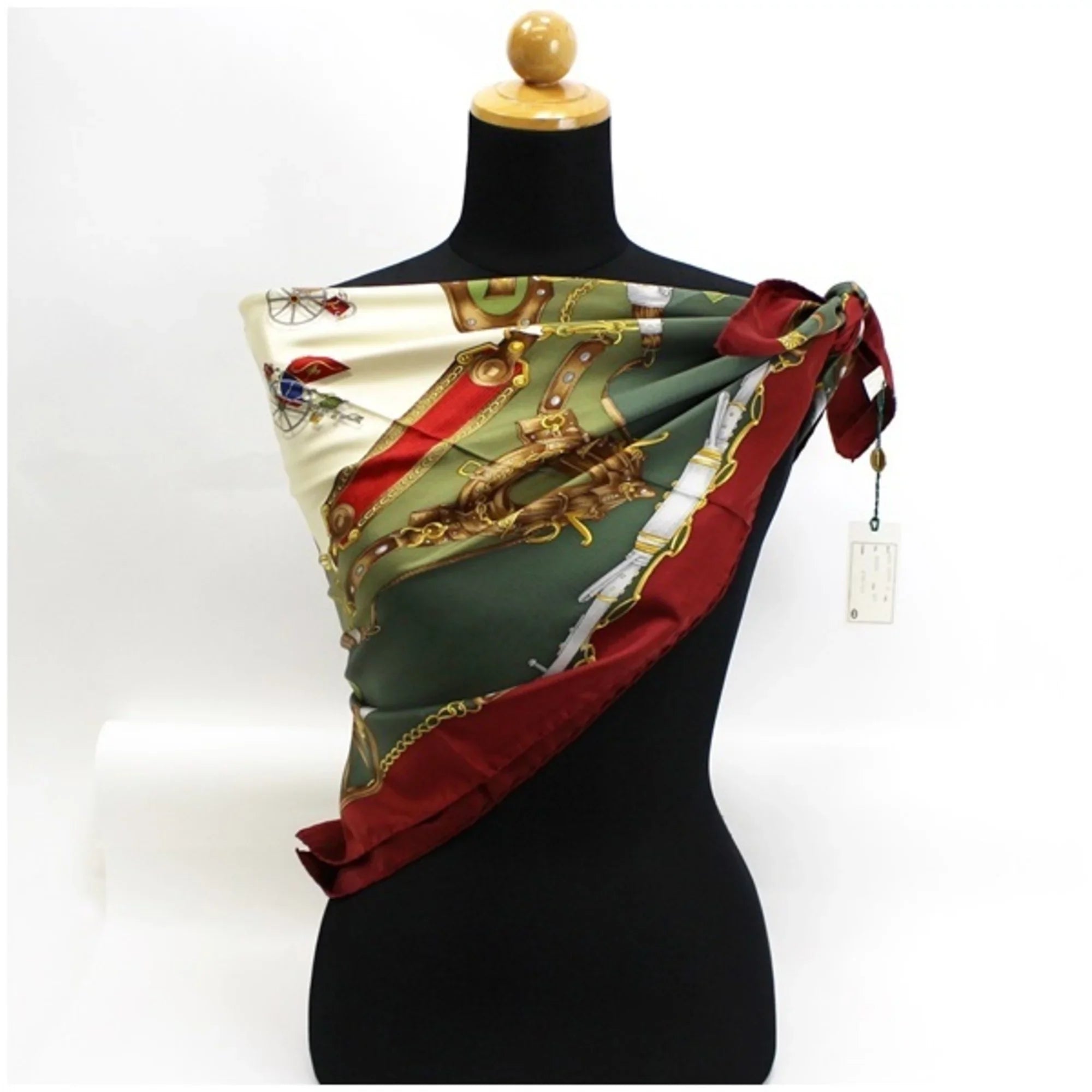 Pre-Owned Gucci silk scarf muffler green x wine red carriage pattern  ladies (Like New)