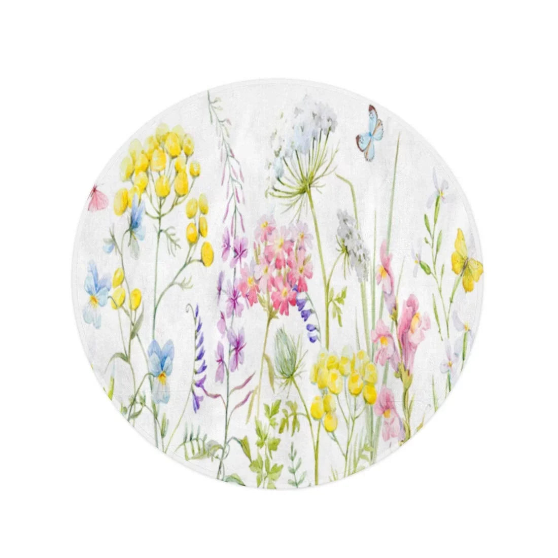 60 inch Round Beach Towel Blanket Watercolor Wildflowers Tansy Yellow Buttercup Blue Pansies Tender Pink Travel Circle Circular Towels Mat Tapestry Beach Throw