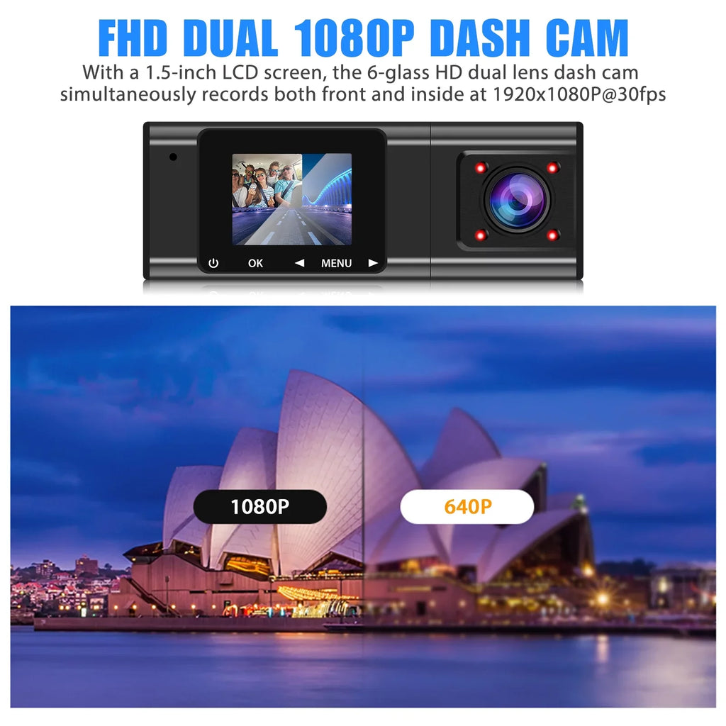 Dual Dash Cam,  1080P Dual Lens Front Insides Camera,  Car  Driving Recorder with Night Vision, 170° Wide Angle, Loop Recording, G-Sensor, Parking Mode - Black