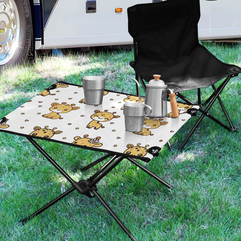 Cute Cartoon Giraffe Pattern Camping Folding Table Portable Beach Table with Storage Bag Compact Picnic Table for Outdoor Travel Fishing