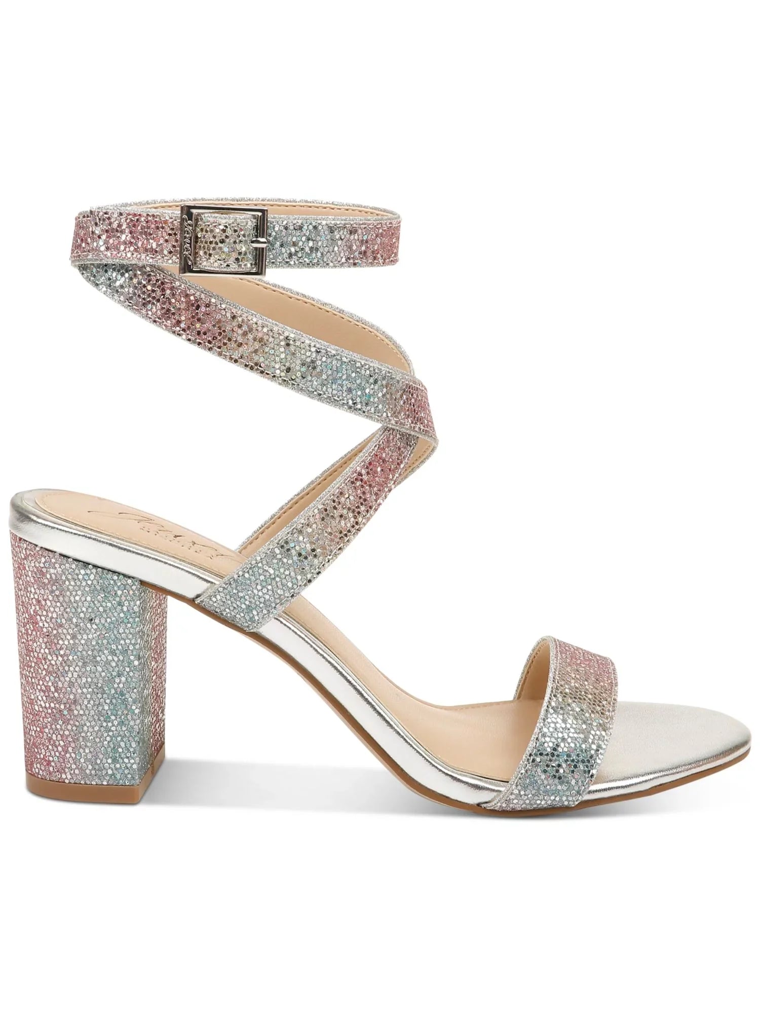 Womens Rainbow Silver Iridescent Adjustable Ankle Strap Glitter Padded Newberry Round Toe Block Heel Buckle Dress Sandals Shoes 9.5