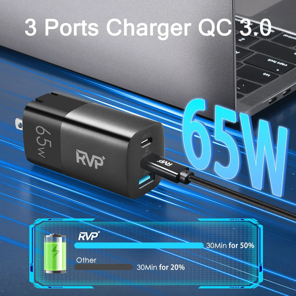 '+ 65W  C and  A Charger, (GaN) Tech Power Adapter, 3-Port Wall Charger, Foldable Fast Charger for iPhone, Smartphones, Tablets, Laptops - Black