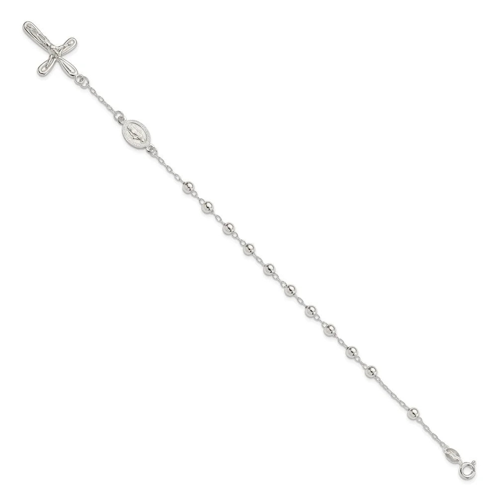 Auriga Fine Jewelry 925 Sterling Silver Beaded Single Decade Rosary Bracelet 7.5inch for Women