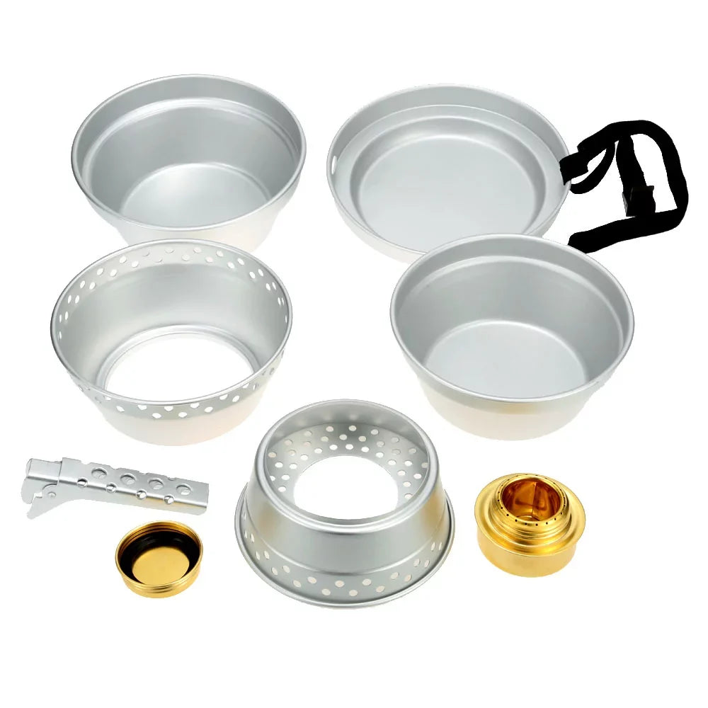 Htovila Portable Camping Cookware Mess Kit Stove Spirit with Stand Pot Pan with Gripper Cooking Set for Backpacking Hiking Picnic