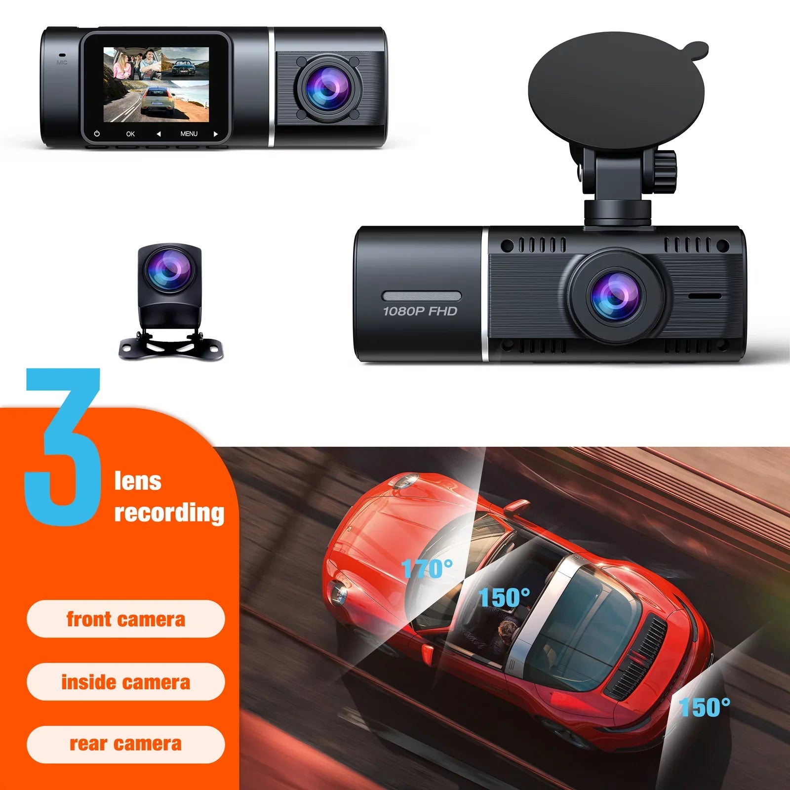 3 Channel Car Camera Dash Cam Front and Rear Inside with  Night Vision 1080P Dash Camera Three Way Triple Parking Monitor Motion Detection Accident Lock